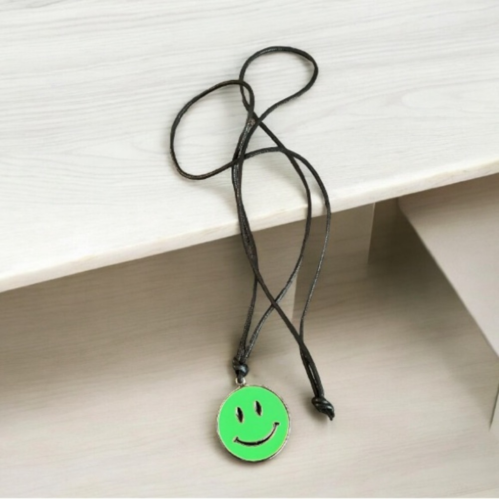 Emoji Green Smiley Face Black Eyes Smile Silver Toned Necklace Black Cord Fun